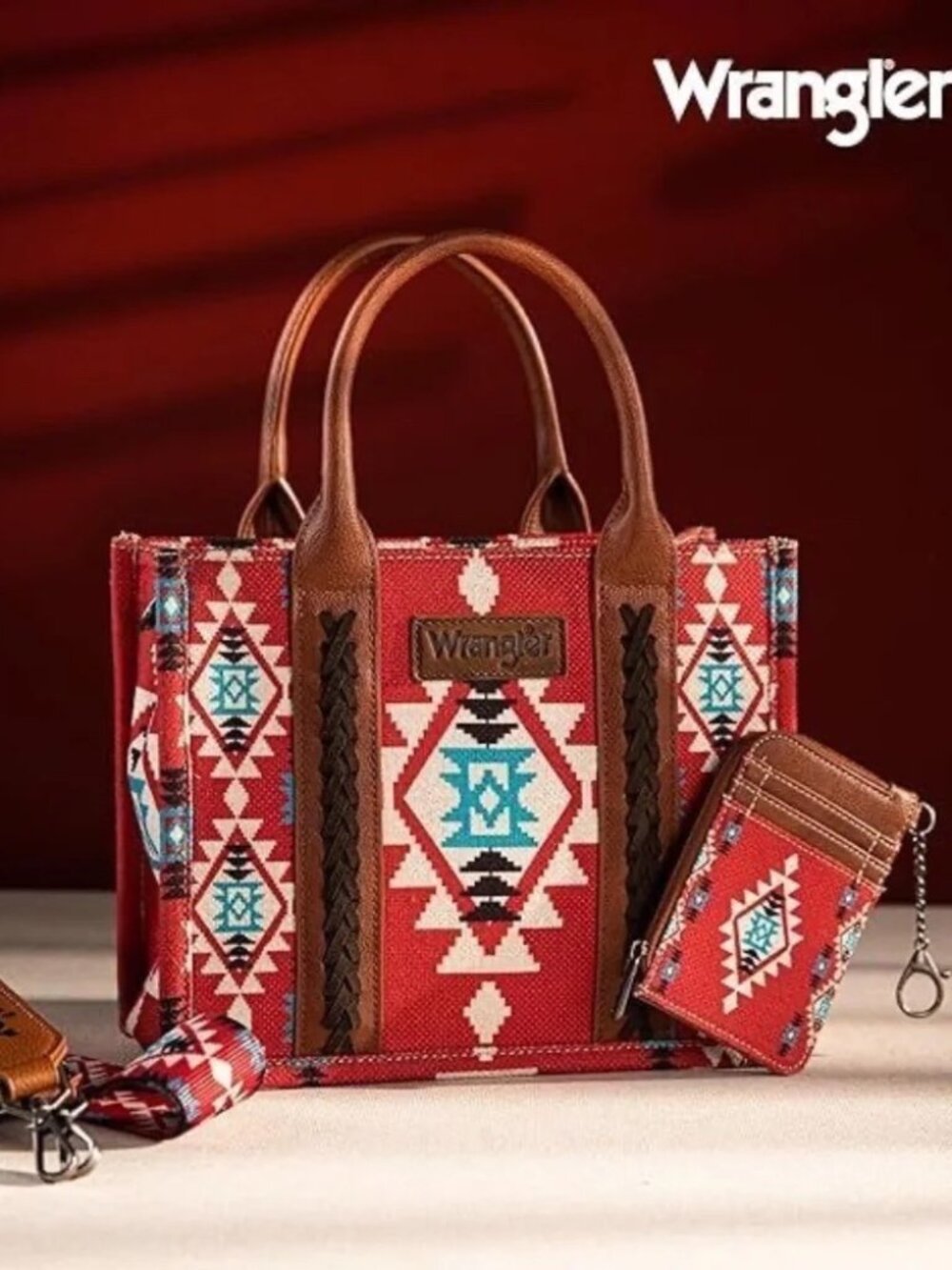Wrangler Aztec Small Tote/Crossbody and Card Case Set 2Pc- Burgundy